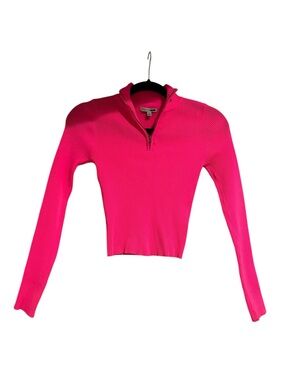 Fashion Nova Hot Pink Ribbed Quarter Zip Mock Neck Athletic Casual Crop Top-S